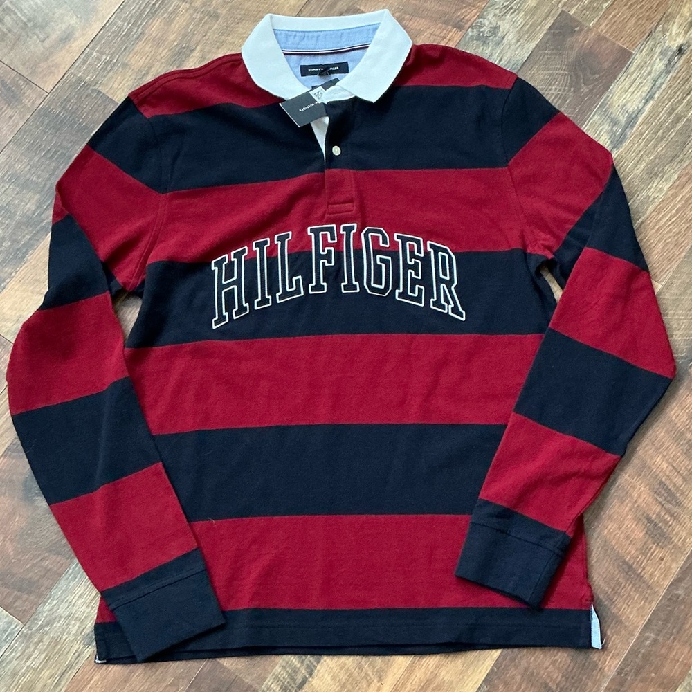 NWT Tommy Hilfiger Rugby Shirt Large Burgundy and Navy Stripe Logo Long Sleeve
